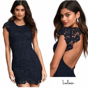 Lulu's Romance Language Navy Floral Lace Cap-Sleeve Open-Back Mini Dress